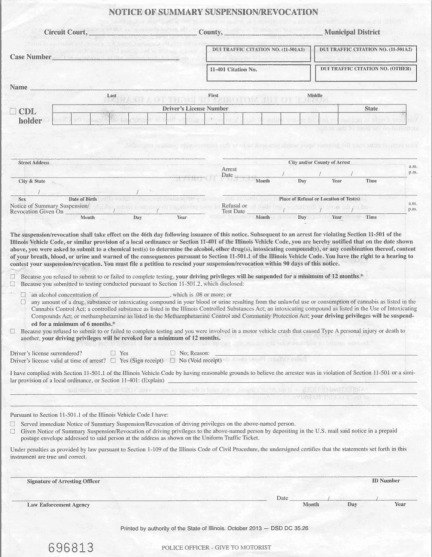 Example Law Enforcement Sworn Report / Notice of Summary Suspension for Illinois DUI evaluation