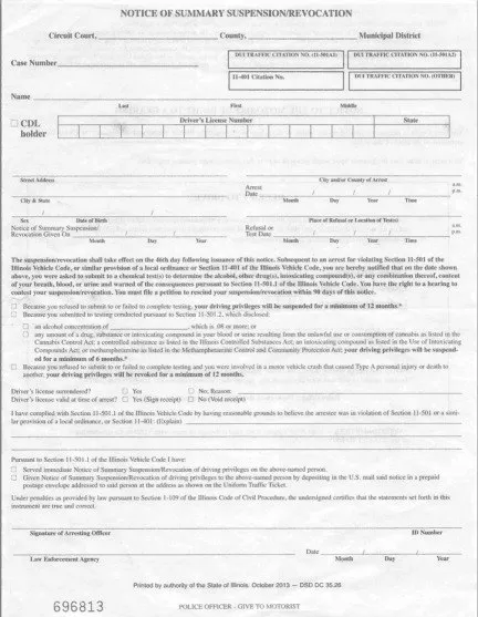 Example Law Enforcement Sworn Report / Notice of Summary Suspension required for DUI evaluation in Illinois