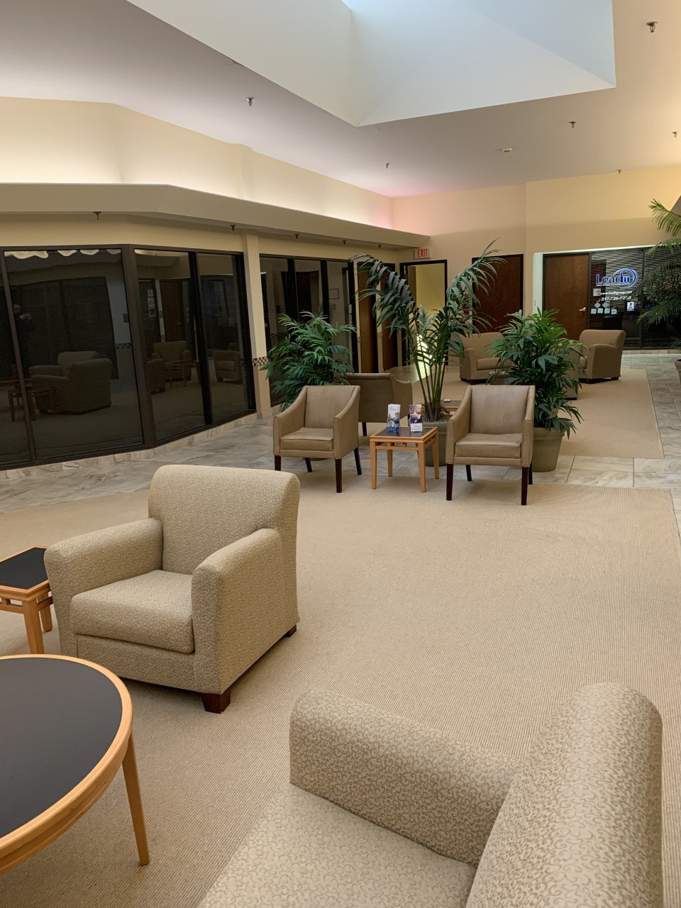 Welcoming atrium lobby at DUI EATS office building, 1999 Wabash Ave Springfield IL — comfortable seating, natural light, plants