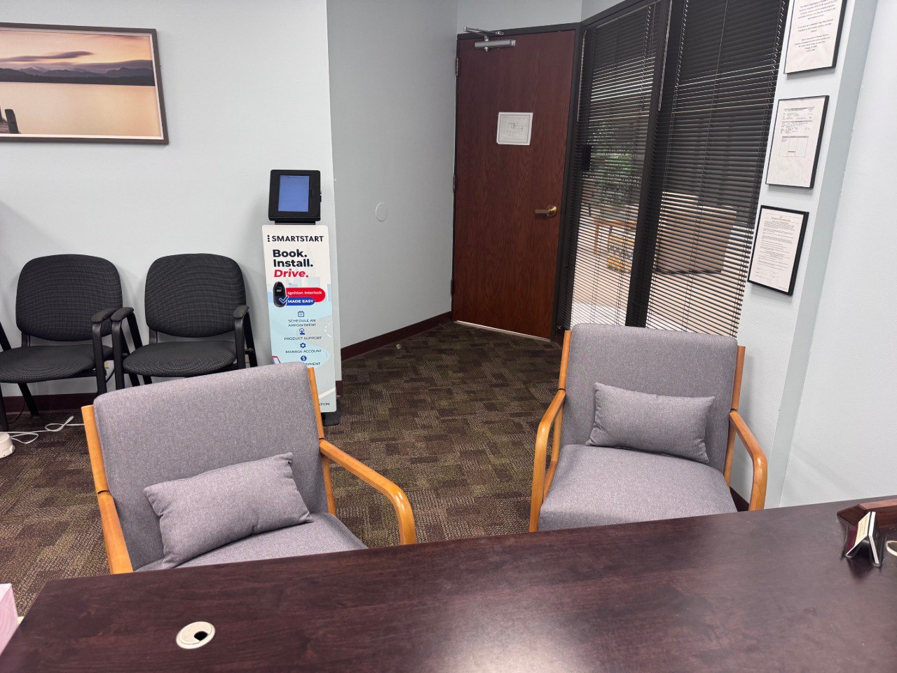 DUI EATS professional evaluation office in Springfield IL — client seating, credentials on wall, private and confidential setting